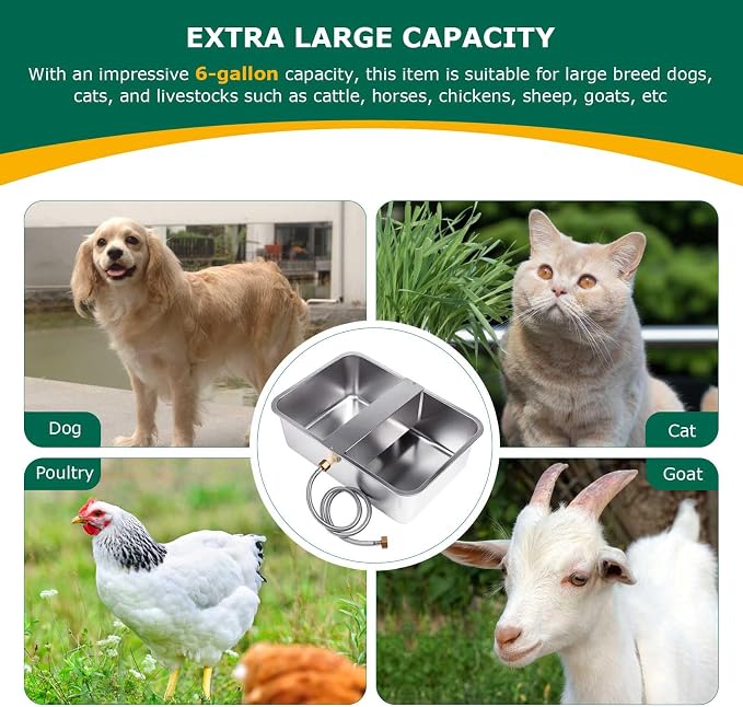 6 Gallon Automatic Dog Water Bowl Dispenser Outdoor Dog Waterer | Stainless Steel Outside Extra Large Self Filling Auto Water Bowl for Dogs Cats Pets Livestock Chicken