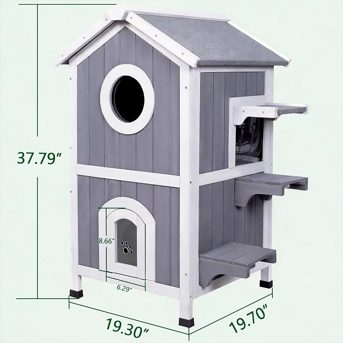 GEGURI Outdoor Cat House Weatherproof, Wooden Two-Story Feral Cat Shelter with Openable Roof, Escape Door, Balcony