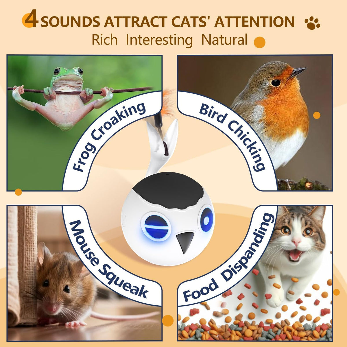 ORSDA Cat Ball Toys, Interactive Cat Toy for Indoor Bored Indoor Cats Kitten Toys, Automatic Electric Bird Moving Ball Toy, 4 Mode Voice & Touch Control Rolling Chirping Stimulating, 2 Feather Tails
