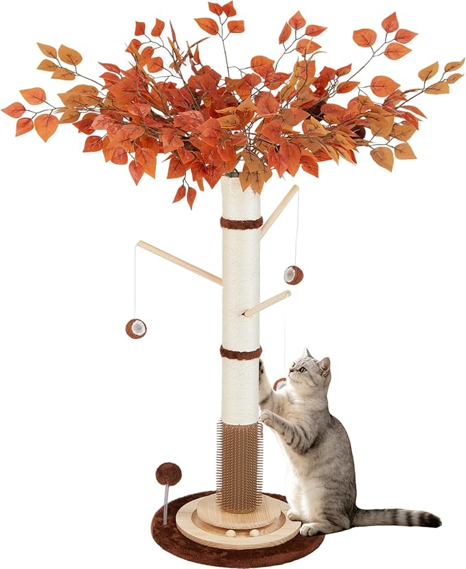 Cat Scratching Post, 46" Tall Scratcher Post for Indoor Adult Cats | Heavy Duty Scratching Post 100% Natural Sisal, Stable 3-Layer Wood Base, Hanging Ball and Track Toy for Indoor Adults Cats