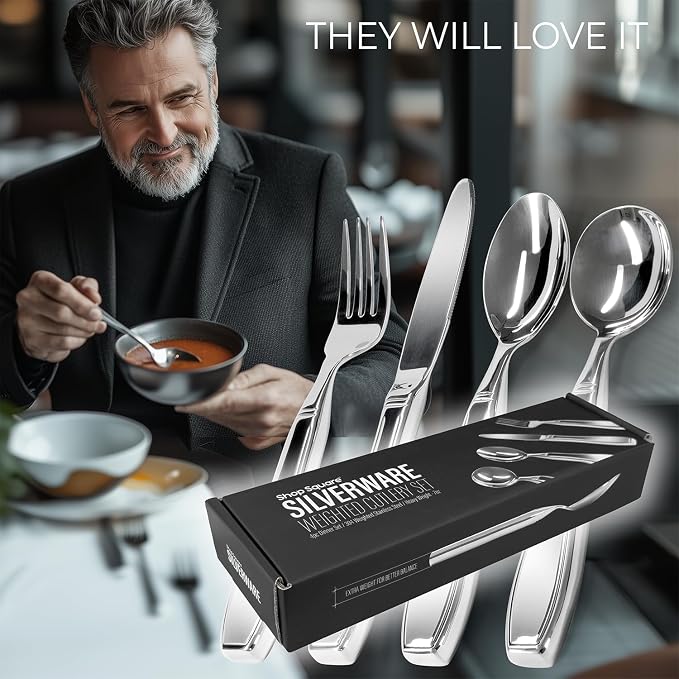 Weighted Utensils for Hand Tremors and Parkinson's Patients - 4 Piece Set Weighted Silverware for Elderly, Arthritis, Weak Hand Grip - Convenient Travel Bag, Stainless Steel, 7 Oz