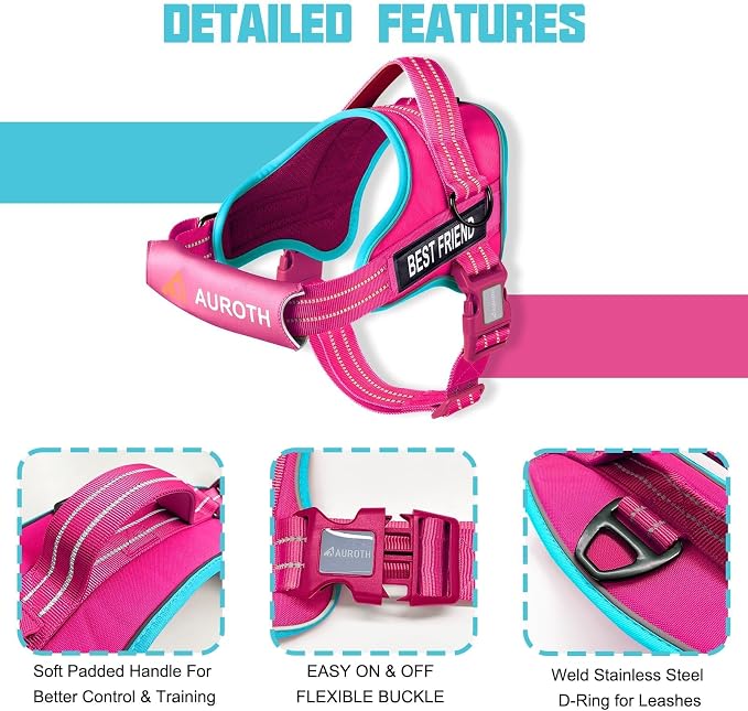 AUROTH Dog Harness and Leash Set for Large Sized Dog, No Pull Dog Vest | with Leash Clips, LED light clip, Soft Padded No Choke, Escape Proof, Easy Walking and Training, Rose Red, XL