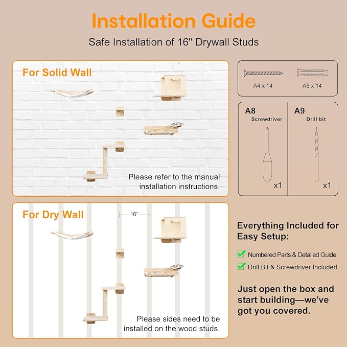 8-in-1 Cat Wall Shelves for Large Cats, Wall Mounted Cat Furniture with Feeding Station&Extra Wide Hammock, Heavy Duty Cat Climber for Indoor Cats to Sleep Play & Eat, 44lbs Capacity, Wood