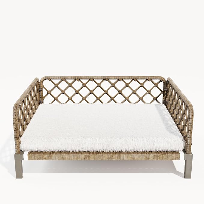 Indoor & Outdoor Dog Bed, Elevated All-Weather Wicker Pet Sofa with Washable Waterproof Cushion, Durable Rattan Dog Couch for Small Dogs, Brown Rattan/White Mat