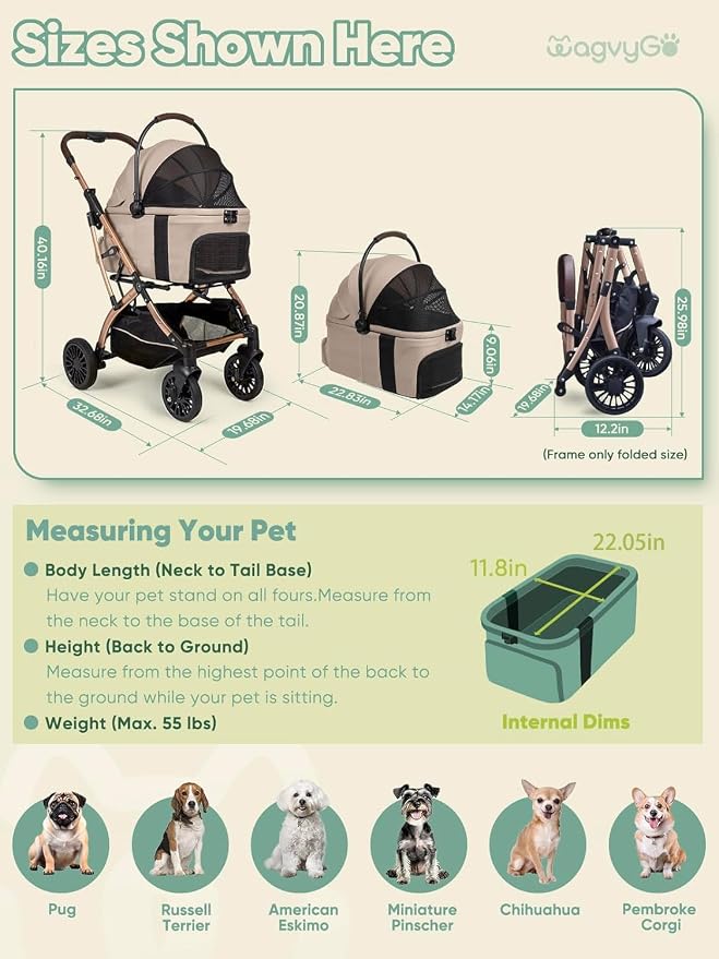 Small Dog Stroller, 5-in-1 Foldable Pet Stroller for Small Dogs Cats 10-20 lbs - 1-Click Fold Without Detaching Carrier, Removable Waterproof Carrier, All Terrain 4 Wheels for Outdoor Travel, Khaki