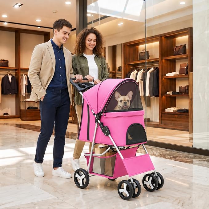 Pet Stroller 4 Wheels Dog Cat Stroller for Small Medium Dog Cats Carrier Jogger Travel Foldable Puppy with Storage Basket and Cup Holder (Pink)
