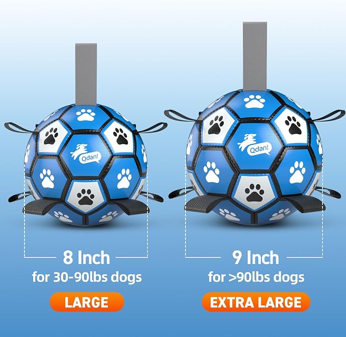QDAN Extra Large Dog Toys Soccer Ball - Durable Dog Balls for Extra Large Dogs with Straps, Outdoor Dog Toys, Dog Water Toy, Herding Ball (9 Inch)