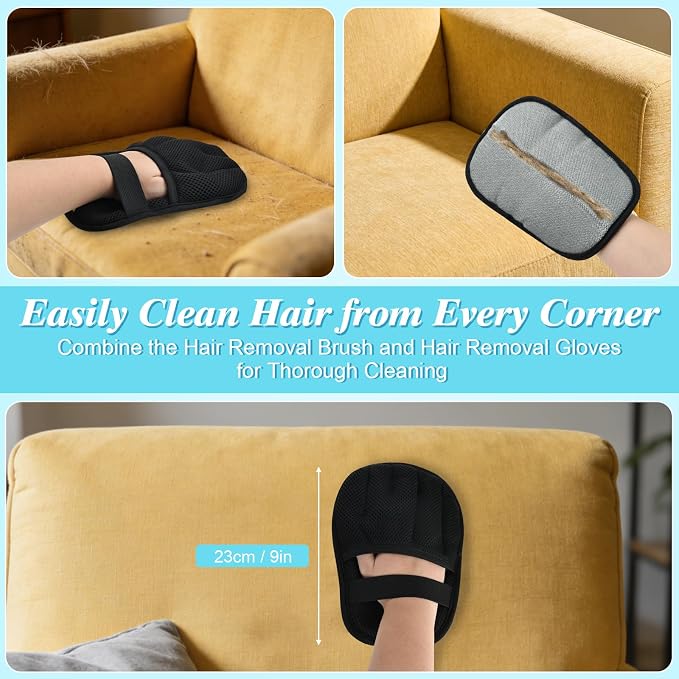 4 in 1 Carpet Rake for Pet Hair Removal - Reusable Pet Hair Removal Glove for Dog Cat Fur Remover, Contain 23-54" Rubber Broom, Silicone Comb Gloves, Magic Brush and Small Scraper for Sofa, Rugs, Mats