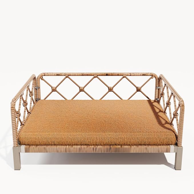 Indoor & Outdoor Dog Bed, Elevated All-Weather Wicker Pet Sofa with Washable Waterproof Cushion, Durable Rattan Dog Couch for Small Dogs, Brown