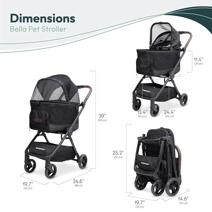 WonderFold Bella Pet Stroller - Autofold Design with Lightweight Aluminum Frame, Breathable Carriage Fabrics and Canopy, Safety Tethers & Easy-Clean Interior - Graphite Black