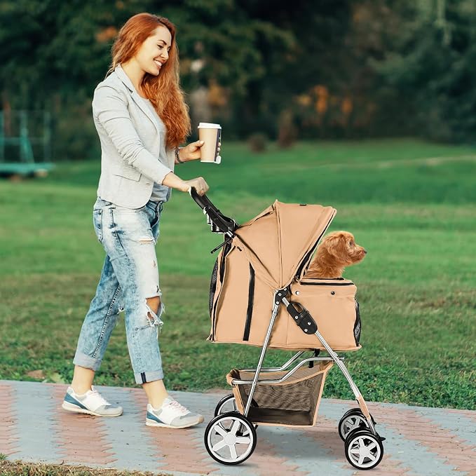 Pet Stroller for Small Dogs and CatsQuick-Folding Portable Travel Cat Dog Stroller with Storage Basket and Cup Holder, 4 Wheels, Beige