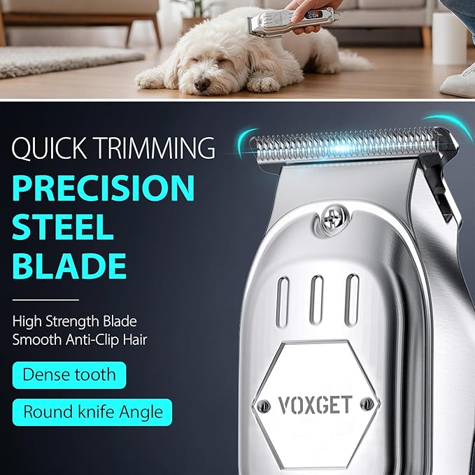 Dog Clippers for Grooming Thick Hair, Upgrade Low Noise Pet Shaver with 8 Size Detachable Combs for Heavy Curly Hair, Rechargeable Metal Blade Clipper Grooming Kit for Dogs Animals (Silvery)