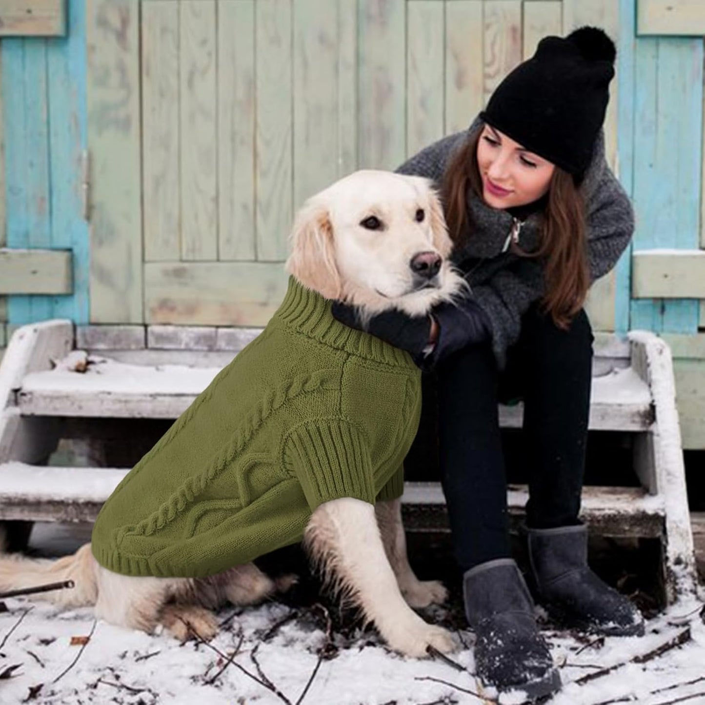 Queenmore Small Dog Pullover Sweater, Cold Weather Cable Knitwear, Classic Turtleneck Thick Warm Clothes for Chihuahua, Bulldog, Dachshund, Pugl,OliveGreen,M