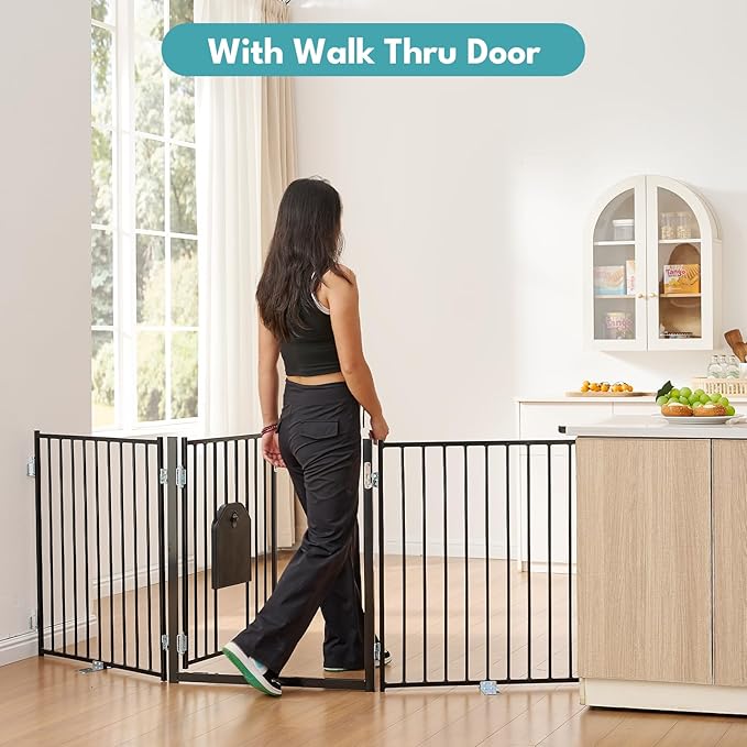 No Pawblems Dog Gate with Cat Door, Free Standing 30'' Tall Foldable Dog Fence for Indoor & Outdoor, Up to 78 Inch Extra Wide Puppy Gate for Stairs, Hallways, Doorways, Deck, Yard (Black, 3 Panels)