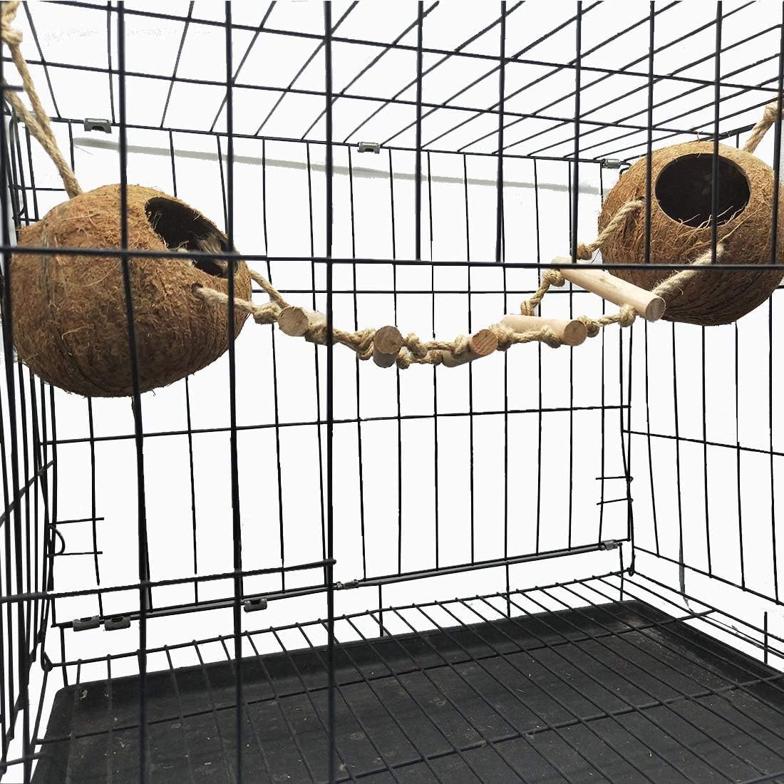 kathson 5PCS Bird Hides Coconut Nest with Ladder Perches Hanging Parrot House Cage Natural Coconut Fiber Parakeet Chewing Toys Intelligence Training Rings for Small Budgies Cockatiels