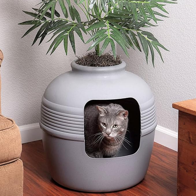 Good Pet Stuff Original Hidden Litter Box Planter, Decorative Cat Litter Enclosure with Carbon Filter, Artificial Palm Plant, Upgraded Design, Easy to Clean, Base Kit, Stone Gray
