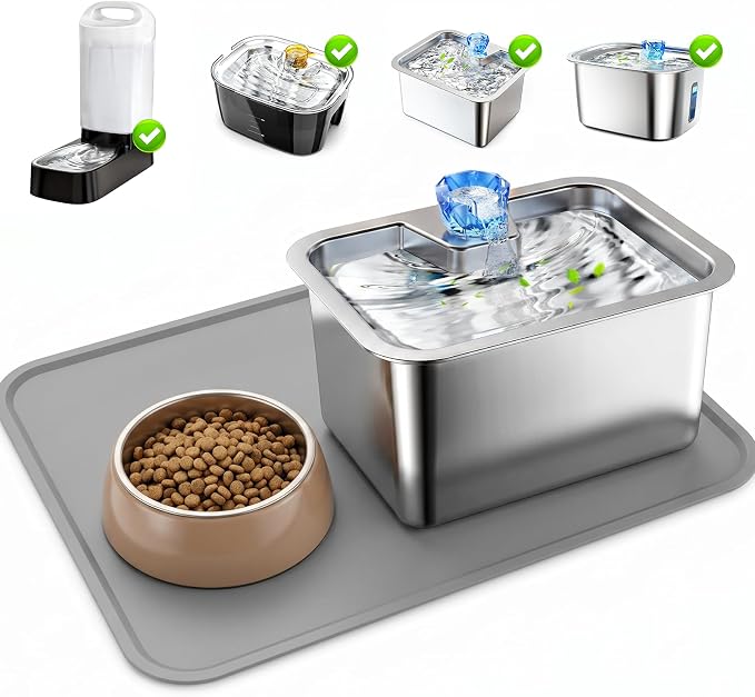 Dog Water Fountain Splash Mat, Waterproof Silicone Pet Feeding Mat, Non-Slip Floor Protector for Dog Water Bowl Dispenser & Cat Fountain, Raised Edge, Easy to Clean
