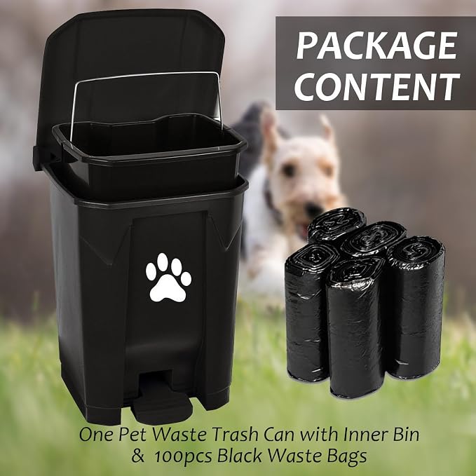 Outdoor Trash Can Dog Poop Bin Dog Waste Trash Can Pet Outside Garbage Can | Dog Poop Trash Can With Lid Outdoors Pet Waste Station Dog Disposal Container Garden Yard Home Bin Bucket & Waste Bags, Black
