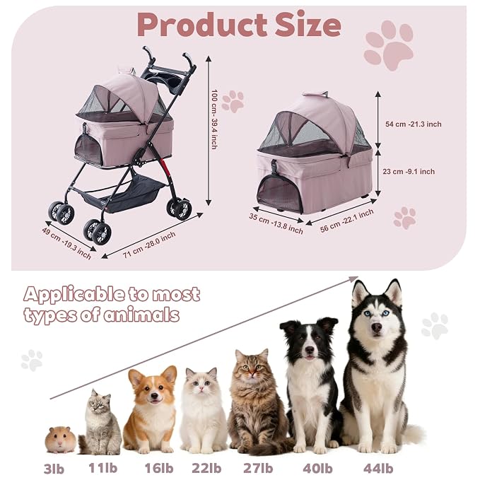 4 Wheels Foldable Pink Pet Stroller with Waterproof Cover, Storage Basket & Cup Holder, Breathable Visible Mesh for All-Season, for Small/Medium Dogs and Cats