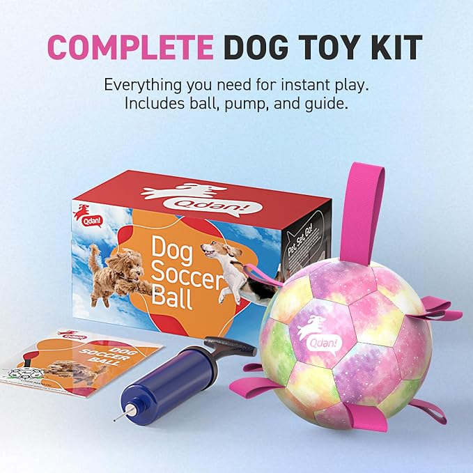 QDAN Dog Balls, Dog Soccer Ball with Straps, Pink Girl Puppy Toy Balls for Small Medium Dogs, Outdoor Water Pool Toys, Puppy Pet Birthday Gifts, Rainbow(6 Inch)