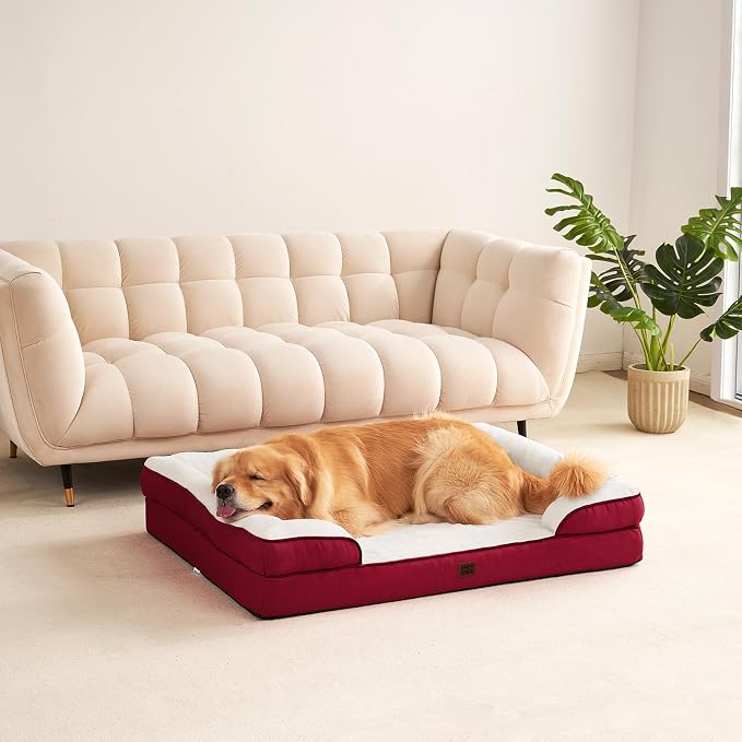 EHEYCIGA Orthopedic Extra Large Dog Bed, Waterproof Washable XL Pet Bed 44" | Non-Slip Bottom and Egg-Crate Memory Foam Big Dog Couch Bed with Washable Removable Cover, Red, 44Inch