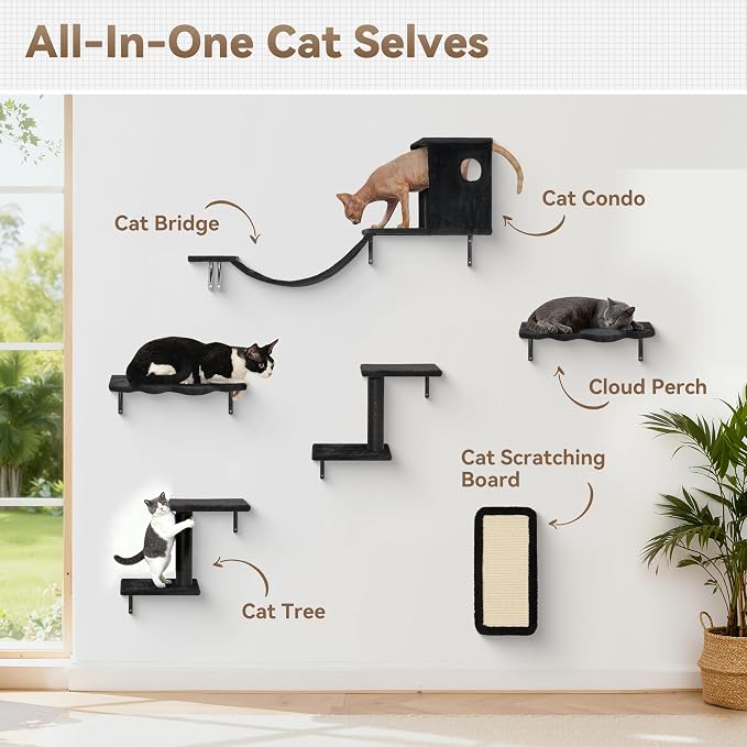 Meecal 6-in-1 Cat Wall Shelves, Wall Mounted Cat Furniture Set with Scratching Posts, Cat Bed & Bridge, Space Saving Cat Climbing Perch for Kittens, Black