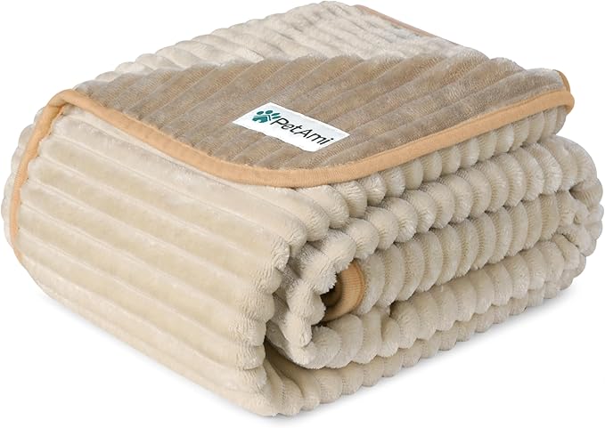 PetAmi Waterproof Dog Blanket, Leakproof Pet Blanket for Small Medium Large Dogs, Reversible Furniture Bed Sofa Couch Cover Protector, Plush Striped Pet Throw for Indoor Cat, 29x40 in, Taupe Beige