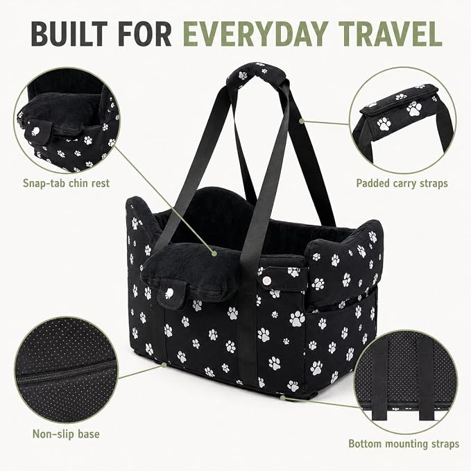 Center Console Dog Car Seat Safe Travel for Small Dogs Under 15 lbs Detachable Washable Pet Carrier with Storage Pockets & Safety Leash,Black