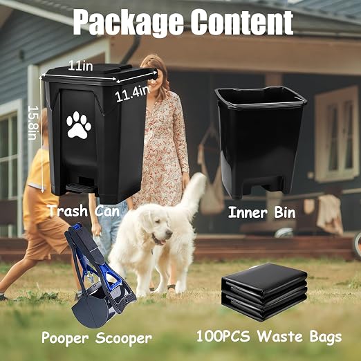 Outdoor Dog Poop Trash Can with Pooper Scooper for Yard, Black | Large Capacity Dog Poop Garbage Can with Lid Odor Control, Pet Waste Container Includes 100PCS Waste Bags