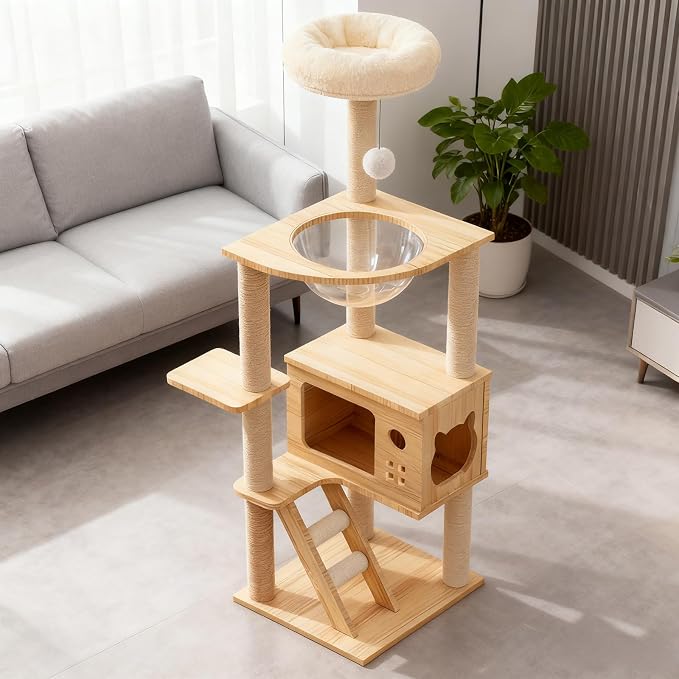 Modern Cat Tower, Wood Cat Tree Tower for Indoor Cats, Cat Tree with Sisal-Covered Scratching Posts and Soft Top Perch, 48.8'' Cat Condo with Acrylic Hammock for Small Large Cats
