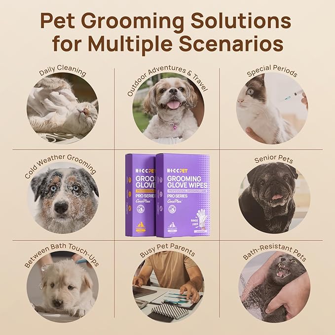 HICC PET Glove Wipes Pro – Pet Cleaning Gloves for Dogs & Cats – Infused with Coconut Oil & Plant Extracts – Hypoallergenic, Gentle, Spa-Like Care at Home, Portable 6 Pack-Coconut Scent