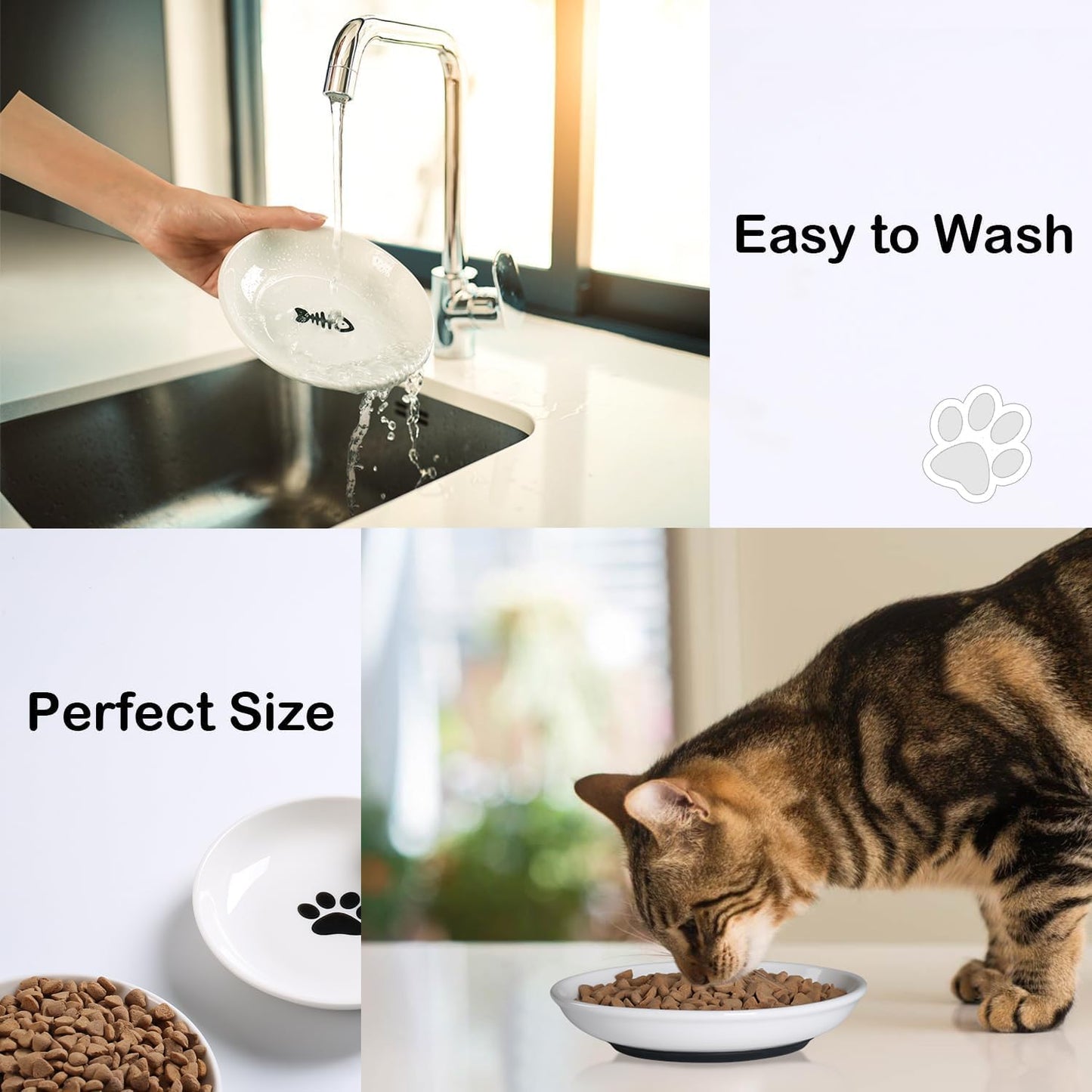 Cat Food Bowl,Healthy Ceramic Cat Bowls for Indoor Cats,Anti Whisker Fatigue Cats Dishes Set,Shallow Wide Kitten Plates for Food and Water,Non-Slip Silicone Bottom,3 Pack