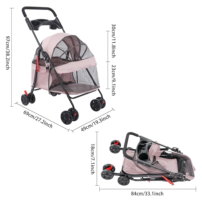 Pet Stroller for Small Medium Dogs Cats, Lightweight Foldable Pet Wagon with 360° Front Wheels & Brake, 40 lbs Capacity Carrier for Park Travel Shopping, Breathable Mesh Basket (Pale Pinkish Grey)