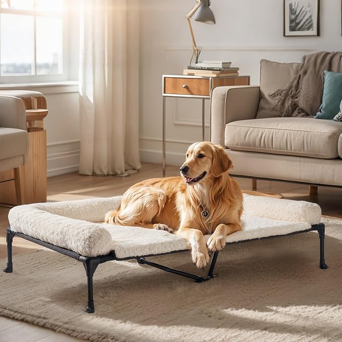Veehoo Orthopedic Elevated Dog Bed Add Removable Deluxe Rose Plush Bolster Cushion Mat, 47" x 29" Washable Dog Couch Bed, Raised Pet Cot with Breathable Teslin Mesh, No-Slip Feet, White, CWC2439B