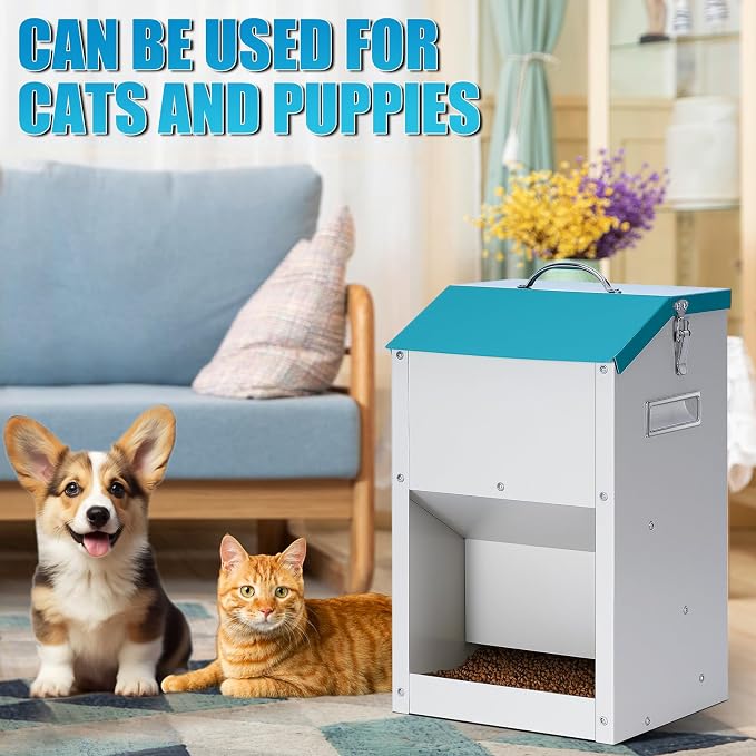 Automatic Cat Feeder Outdoor 59cups/14L Automatic Dog Feeder | Gravity Cat Food Dispenser with Storage, Galvanized Pet Feeding Station, Indoor and Outdoor Use, Wall Mountable