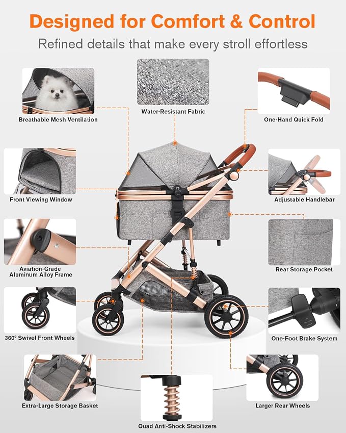 HOVONO Dog Stroller with Detachable Carrier for 2 Pets up to 60 lbs | 3-in-1 Cat Stroller with Lightweight Aluminum, 9.5” Shock-Absorbing Rubber Wheels for All-Terrain, Extra Large Storage Basket