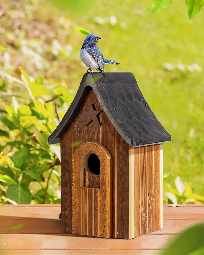 Water Proof Bluebird Bird Houses for Outside, 1.5" Entrance with Landing Perch Guard, Rustic Patriot Style, Squirrel Proof Composite Material Bird House for Outdoor, HDPE Roof 10 Years Weatherable