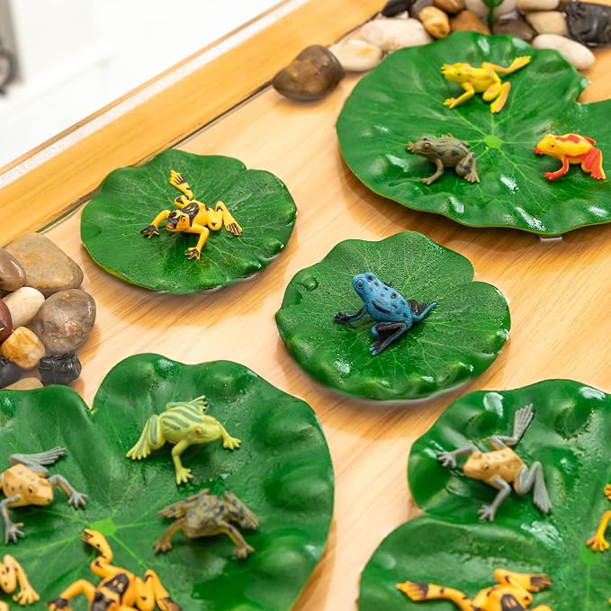 32 Packs Mini Plastic Frog Decor and Artificial Lily Pads, | 12 Colorful Plastic Frogs & 20 Floating Lily Pads, Artificial Pond Plants for Garden Pool Decor Party Favor Classroom