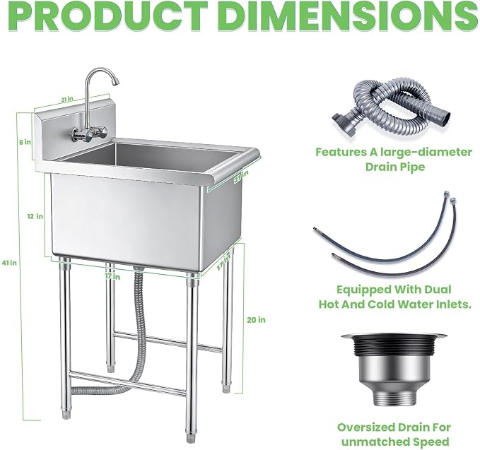 Pet Bathing Tub Station, Heavy Duty Utility Wash Basin for Garage Workshop, Compact Freestanding Commercial Catering Sink for Business Owners.