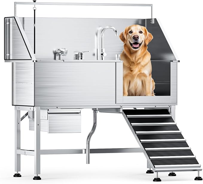 56" Dog Washing Station, 304 Stainless Steel, 600 lb, Side Ramp | 1mm Thick, hot cold faucet, fixed sprayer, shampoo dispenser, storage drawer, S-trap, hair filter, garage outdoor grooming