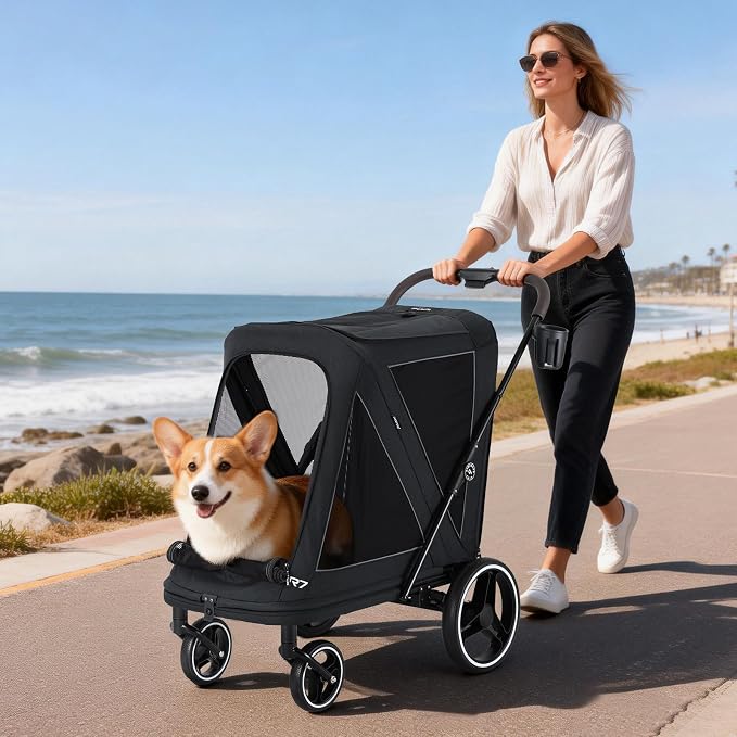 Beberoad Pet Stroller for Medium Dogs, Dog Stroller One-Second Fold, R7 All-Terrain with ER Tires, Mesh Dual-Window, Full Disassembly&Washable Waterproof Oxford Fiber