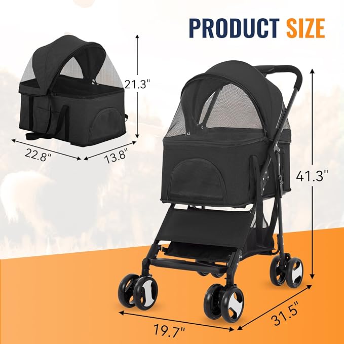 FDW 4-Wheels Multi-Function Dog Stroller Jogger with Detachable Carrier, Lightweight Travel Stroller for Small & Medium Pets, Black