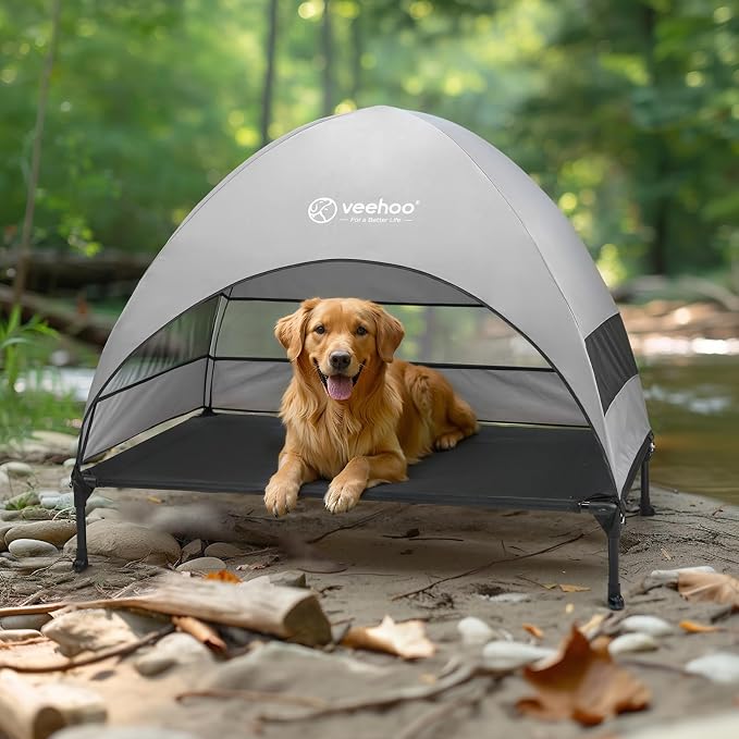 Veehoo Outdoor Dog Bed with Canopy, Cooling Elevated Dog Shade for Outside | Portable Raised Dog Cot with Removable Shade, Sun Protection Dog Tent Outdoor for Camping, Beach, 42" x 33.5", Black