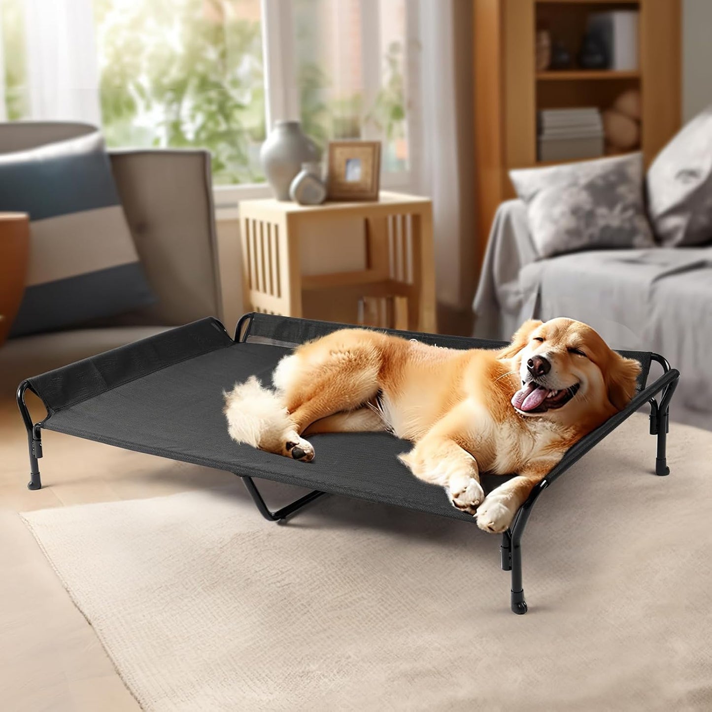 Veehoo Cooling Elevated Dog Bed, Guardrail Raised Pet Cot, Indoor & Outdoor XXL Pet Bed with Washable & Breathable Teslin Mesh, Non-Slip Feet, Dog Couch Bed, 62.5" x 37", Black