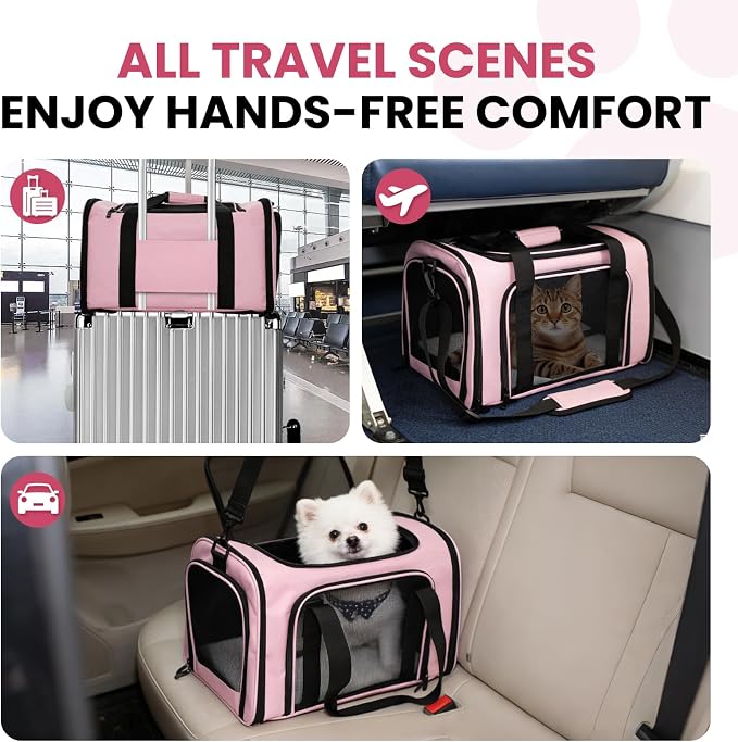 Soft-Sided Cat Carrier Expandable Pet Carrier Airline Approved Mesh Travel Carrier Up to 22lbs for Cats Small Dogs Collapsible Escape-Proof with Shoulder Strap Washer (20x13x13 Pink)