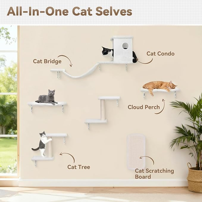 Meecal 6-in-1 Cat Wall Shelves, Wall Mounted Cat Furniture Set, Cat Shelves for Wall with Scratching Posts, Cat Bed & Bridge, Space Saving Cat Climbing Perch for Kittens, White