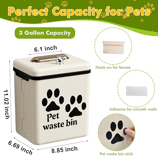 Dog Poop Trash Can Outside - 3.2 Gal Dog Waste Trash Can with Lid, Wall Mounted Dog Poop Bin Removable Dog Waste Container for Outdoor Fence, Patio, Backyard, Counter Top