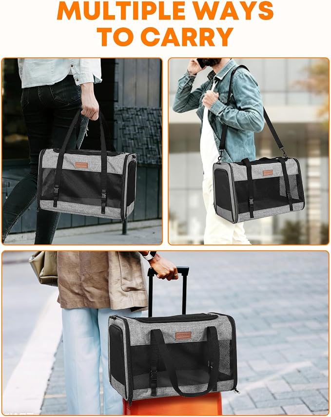 Foldable Cat Dog Carrier for Pets up to 15 Lb, Grey | Top & Side Entry, Soft-Sided Pet Carrier with Ventilated Anti-Scratch Mesh & Car Seat Buckle for Car Travel, 20×13×13 in