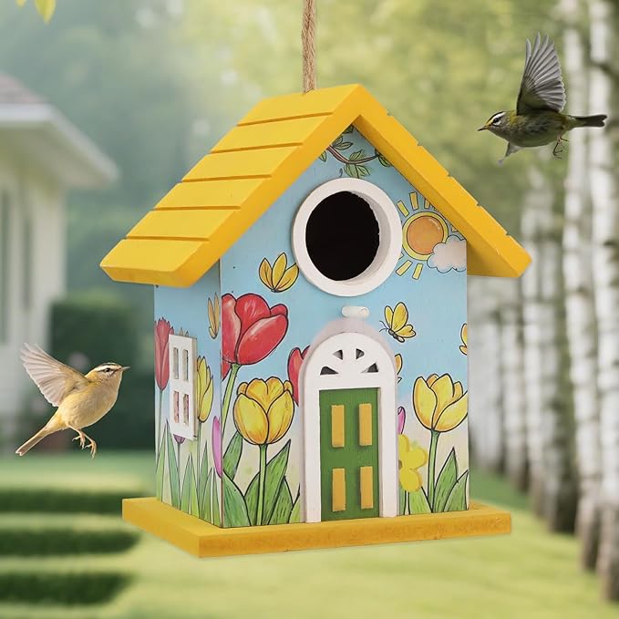Wooden Bird Houses Bird House for Outside Yellow Wood Bird House for Outdoors,Handmade Painted Tulips Bird Houses for Garden Blue Bird Hummingbird Wren Cardinal Swallow Sparrow Finch Chickadee