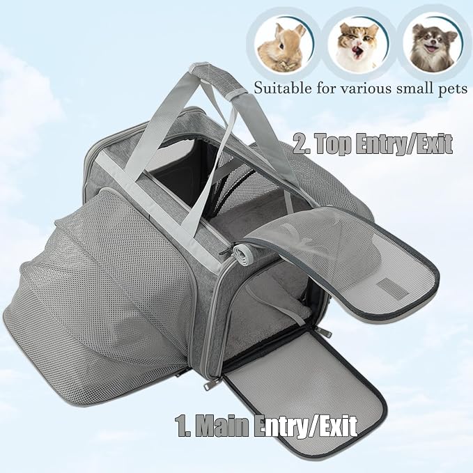 Cats Carrier for Small Dogs Puppy Cat Bag Expandable,Airline Approved,2 Sides Expand,Rabbit Bunny Pets Carriers Small Animals Travel Outdoor Carry Kennel (Grey)